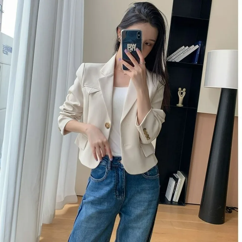 Women Clothing Spring Autumn Simple Chic Cropped Single Breasted Blazer Korean Fashion Notched Long Sleeve Slim Fit Suit Jacket