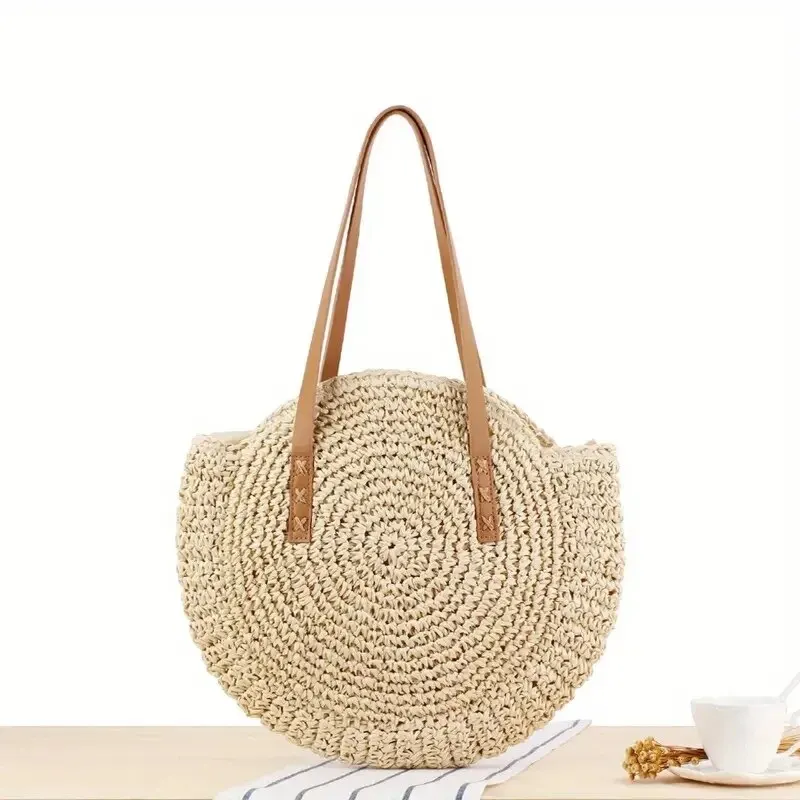 Hollow Woven Straw Bag Round Vacation Shoulder Bag Large Capacity Simple Round Woven Beach Bag Casual Shoulder Bag Travel