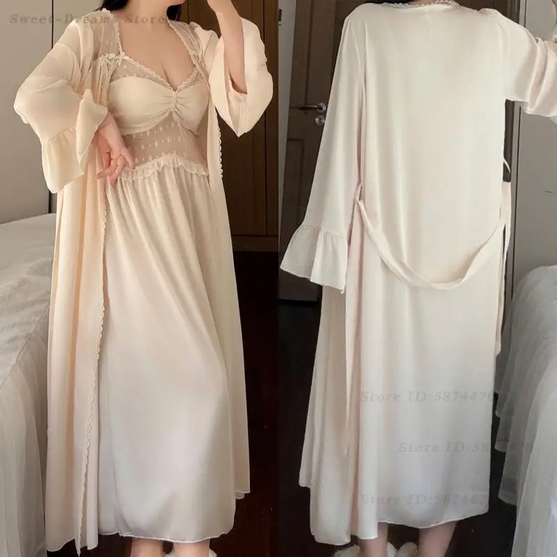

Plus Size Elegant Long Twinset Robe Set Nightgown Silk Satin Female Sleepwear Lingerie Home Wear Sexy Patchwork Lace Nightdress