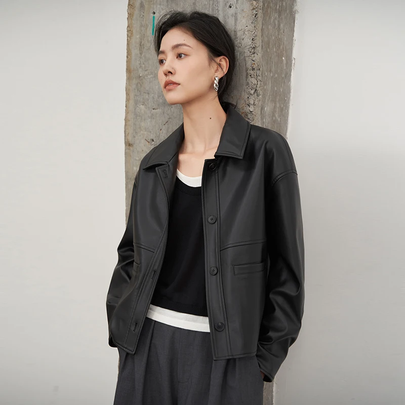 

JANEON Bla Leather Jaet Women's American Retro Loose ort Coat Early Spring Faion Commute Sle Long Sve Zipper