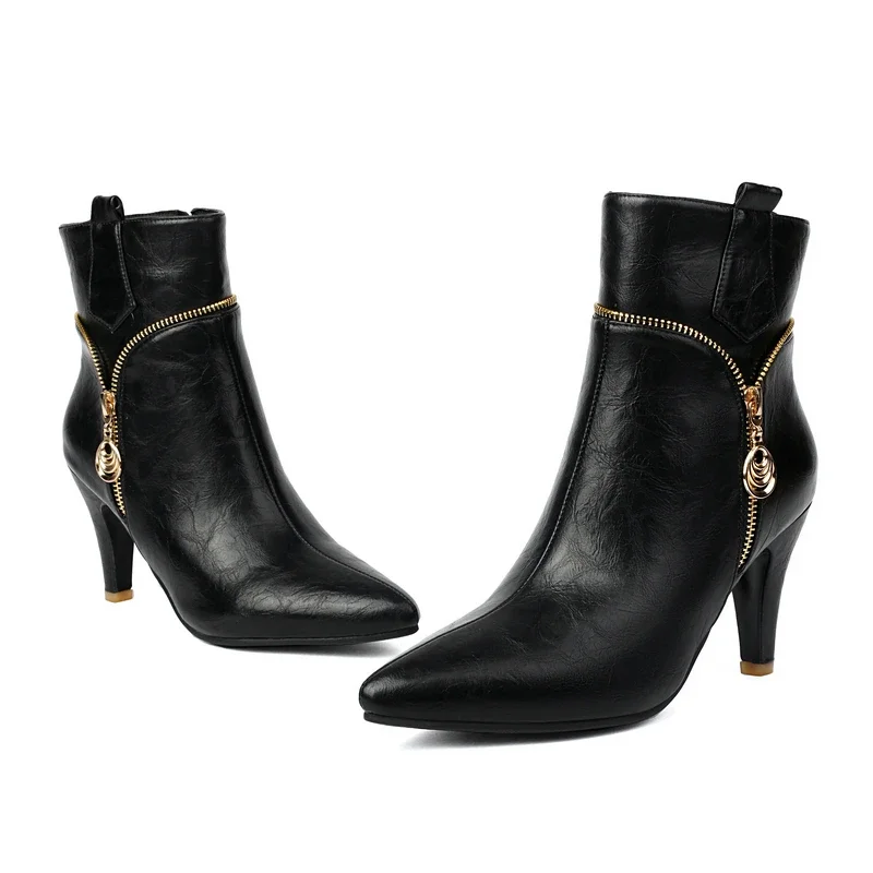 Big Size 45 46 47 Pointed Toe Mature Ladies Short Botines Spike High Heels Women Ankle Boots Zip Classic Winter Stiletto Shoes
