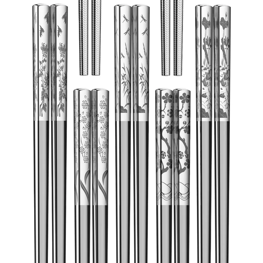 عيدان تناول الطعام المعدنية القابلة لإعادة الاستخدام 18 8 عيدان تناول الطعام من الفولاذ المقاوم للصدأ 5 أزواج تصميم زهور شرقية كلاسيكية آمنة للاستخدام في غسالة الأطباق وخفيفة الوزن #1