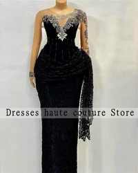 Aso Ebi Black Lace Mermaid Evening Dresses 2025 Long Sleeve African Beaded Appliques Prom Gowns Birthday Party Dress Customized
