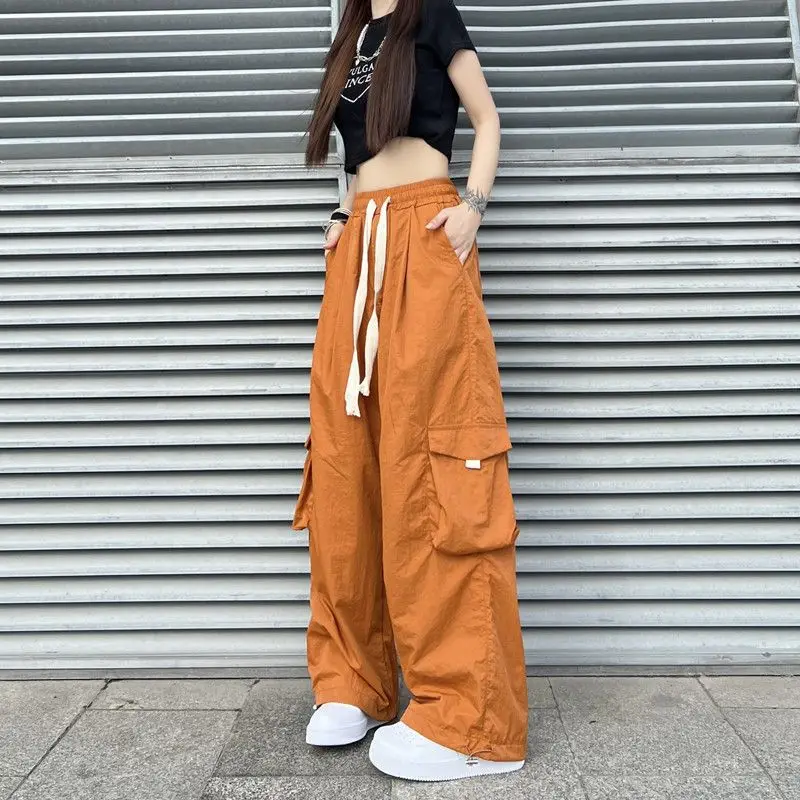 

Retro Red Wide-Leg Overalls Boy and Girl Summer High Street Design Pocket Loose Casual Korean Style Sweatpants Women