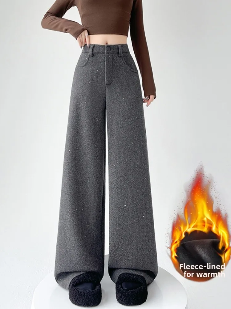 

High Waist Fce Lined Wide Leg Suit Pants Women's Winter Faion Bling Bling Woolen Casual Straight Cut Trousers