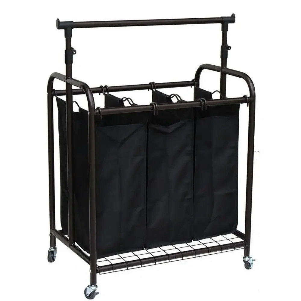 Metal Rolling Laundry Sorter with Adjustable Hanging Bar 3 Bag Compartment Organizer Big Families Dorms Apartments Durable Steel