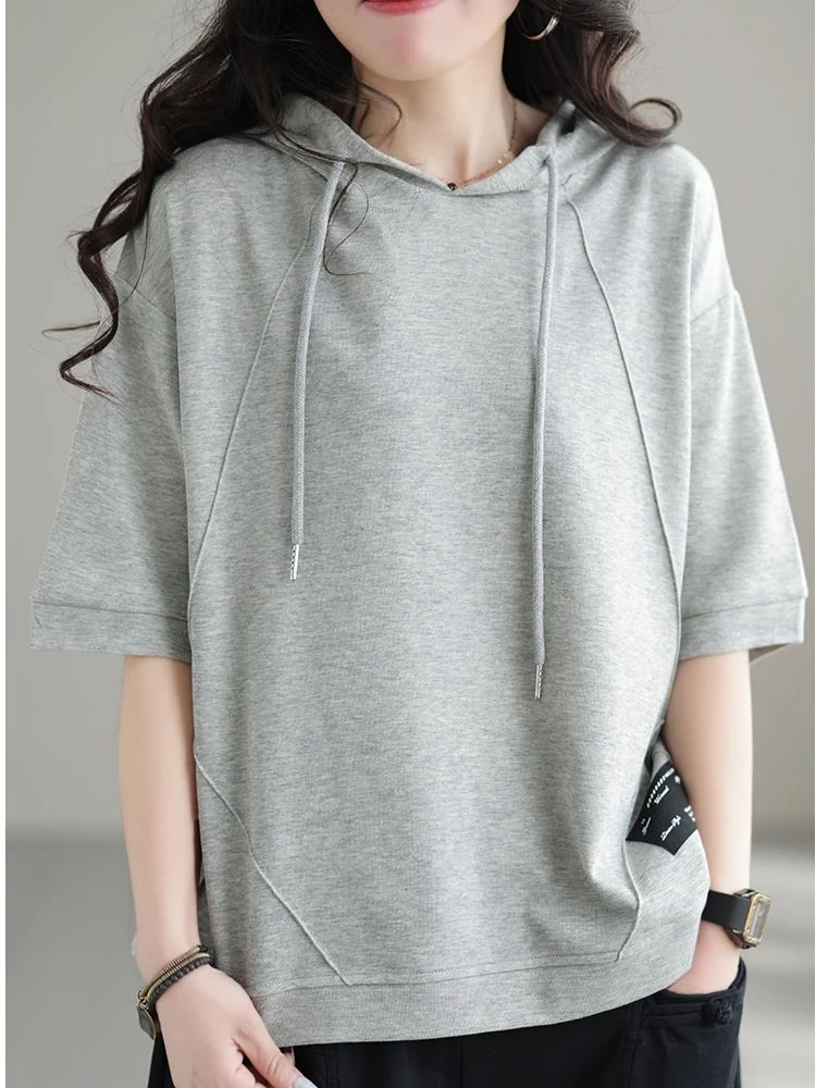 قميص نسائي صيفي فضفاض بغطاء للرأس من القطن، نصف كم بلون واحد، أسلوب عملي، طول خمسة أرباع