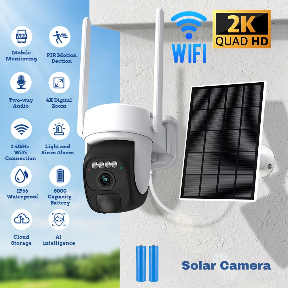 2K HD Solar Security Camera Super Battery Powered WiFi Camera Outdoor AI Human IR Control Detect CCTV Camera 6X Digital Zoom