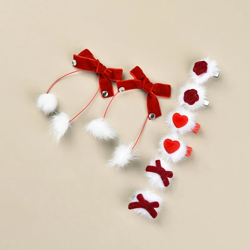 

【Peace】Red Velvet Bow Hairpins For Princess Girl Pompom Heart Kids Autumn Winter Hair Clips Korean Sweet Clips New Year Headwear