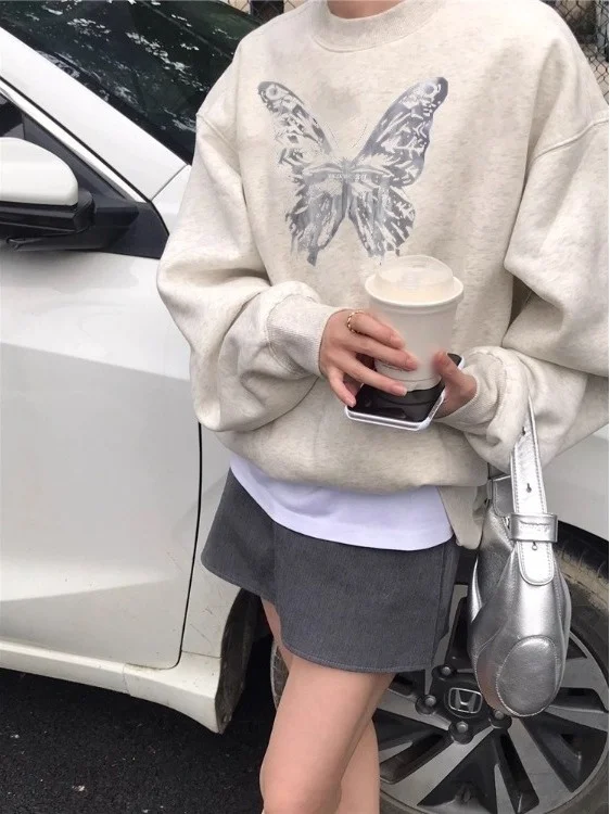 

Retro American Print Sweatshirt Unisex Oversize Student Fashion Versatile Polyester Blend Long Sleeve round Neck