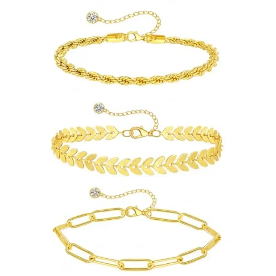 

3 Pcs Gold Anklets for Women, 14K Gold Plated Stainless Steel Ankle Bracelets Set, Adjustable Leaf/Rope/Curb Link Chain Foot Je