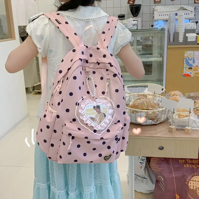 Korean Style Polka Dot Backpack for Girls Middle School Students Sweet Academy Style Lightweight Junior High School Bag