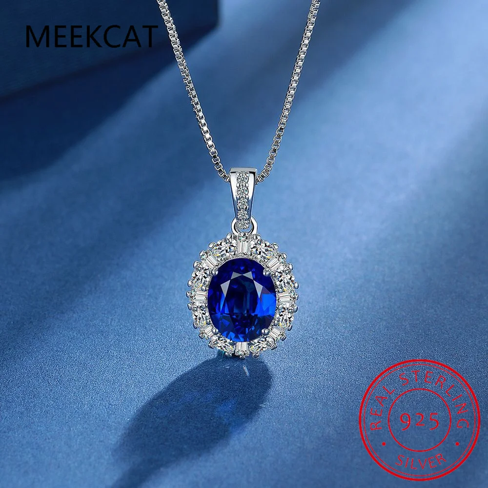 Princess Diana Created Blue Sapphire 925 Sterling Silver Pendant Necklace for Women Fashion Oval Gemstone Jewelry Wedding Gift