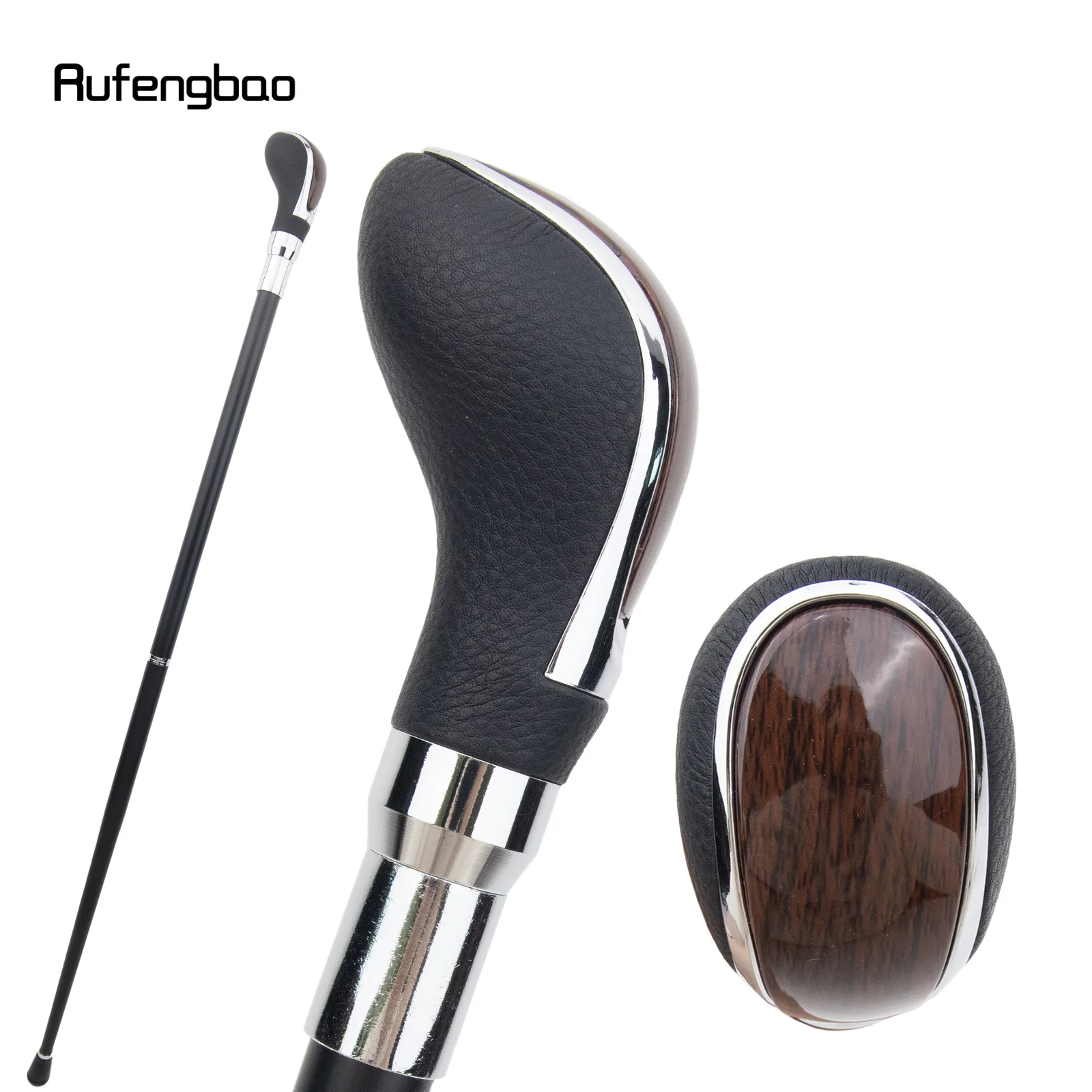 Black Leather Brown Wooden Silvery Cane Fashion Stick Gentleman Elegant Cosplay Cane Crosier Performance Stage Cane 93cm