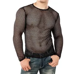 Sudadera de malla de manga larga para hombre, Top ahuecado de moda, perspectiva de personalidad, amplio, espectáculo de baile, gran tamaño, negro, blanco, rojo, Verano