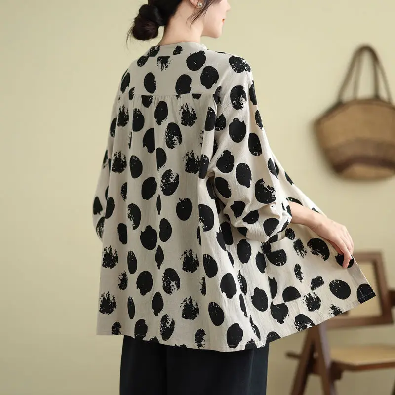 Vintage Sping Autumn New Women Clothing O-Neck Polka Dot Single Breasted Temperament Fashion Loose Long Sleeve Loog Shirts Tops