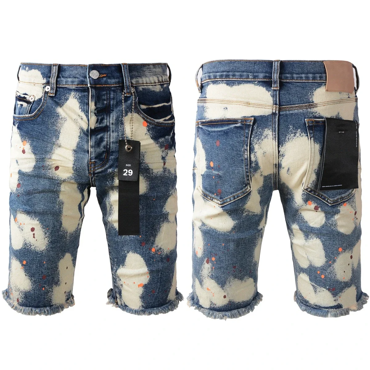 

Distressed Denim Shorts For Man 2024 Spring/Summer Blue Cotton Bleached Paint Splatter Frayed Hem Five-Pocket Design Casual