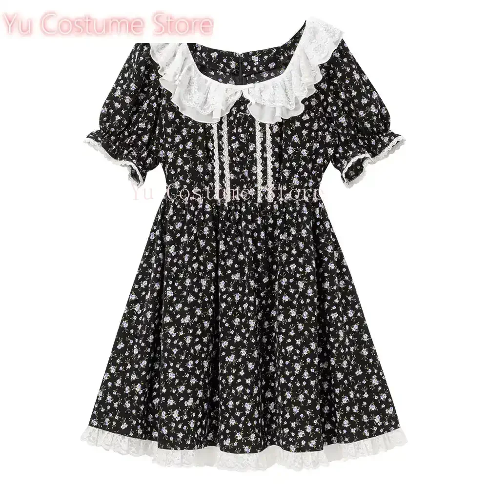 

Yu Cosplay Japanese Summer Women's Small Floral Dress Square Collar Cute Lace Edge Stitching Slimming Holiday Sweet Long Dress