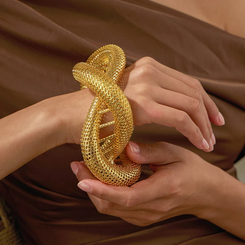 IVOG Interwoven Hollow Mesh Brass Bangle Women DNA Double‑Helix Shaped Wrist Cuff Party Decor Bracelet Fine Jewelry Gift