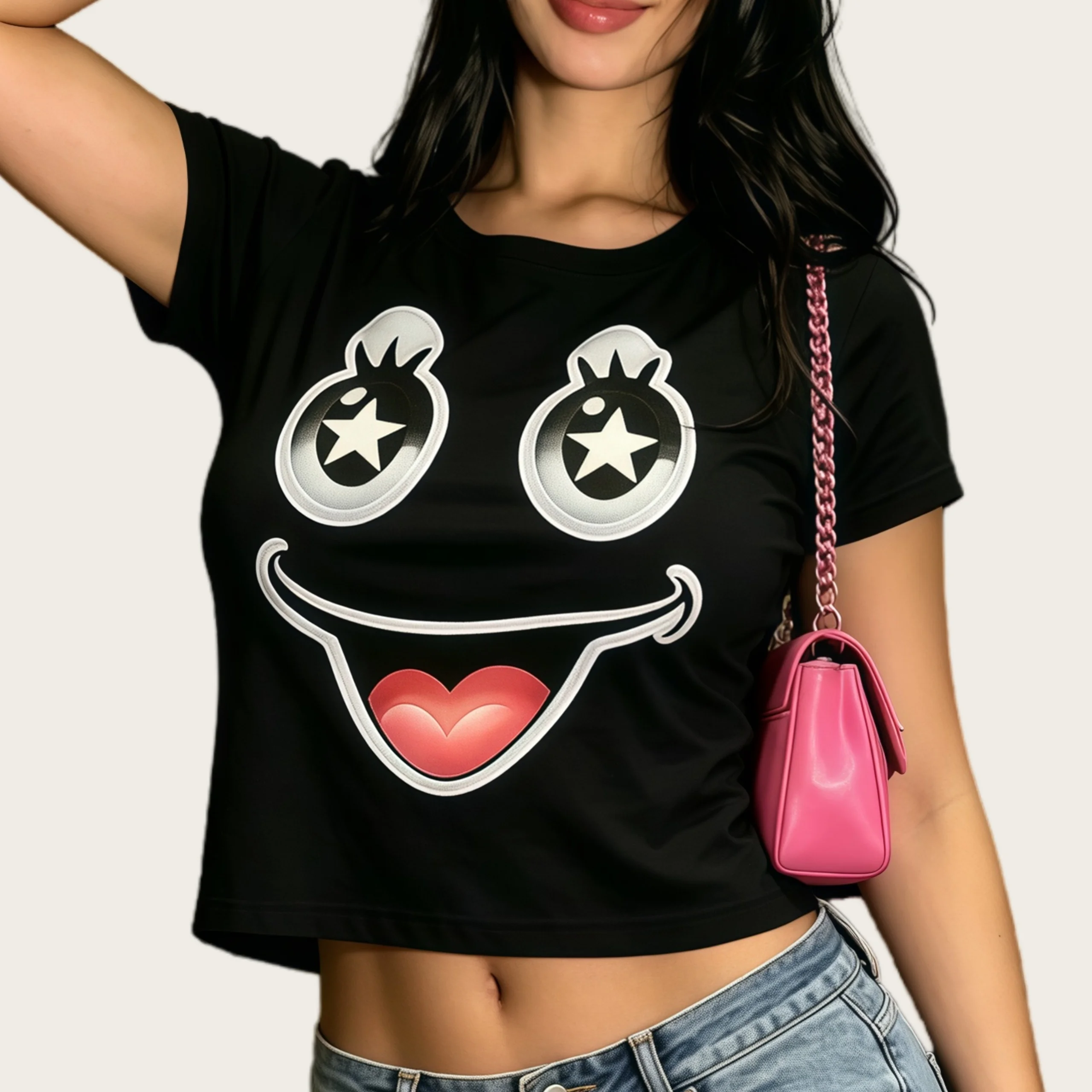 Y2K Big Eye Smiley Face Print Crop Top Women's T-Shirts Fitted Summer Tee