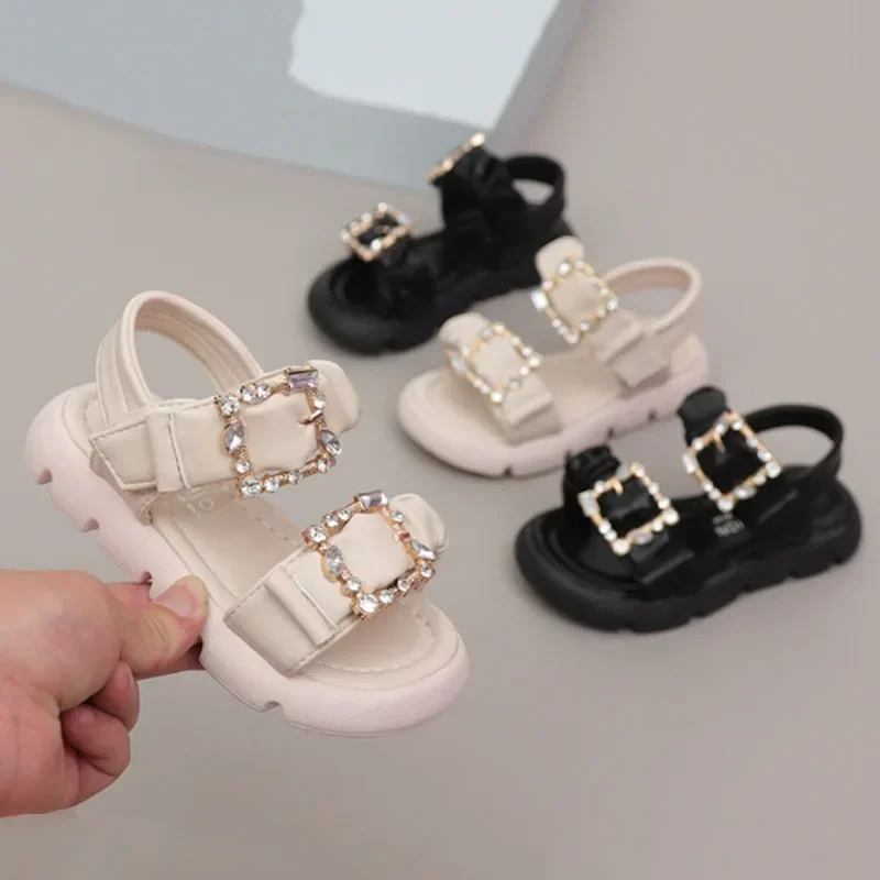 Girl Flat Shoes Summer Fashion Children Princess Shoes Rhinestone Buckle Open Toe Fashion Sandals Little Girl Shoes Black