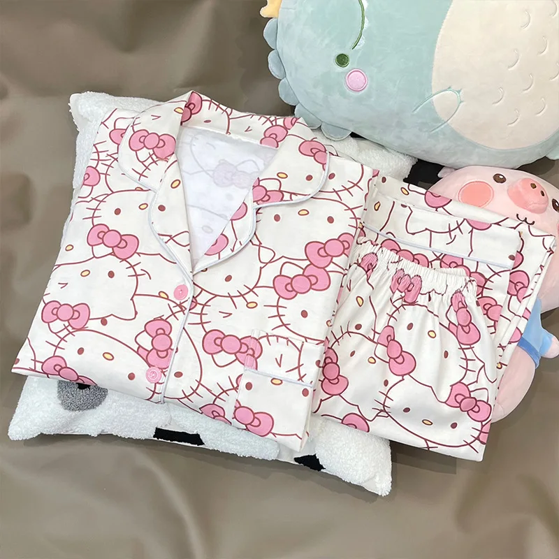 

Kawaii милые женские пижамы Sanrio Hello Kitty, весенне-осенние свободные повседневные домашние костюмы с длинными рукавами и рисунком из двух предметов, подарок для девочек