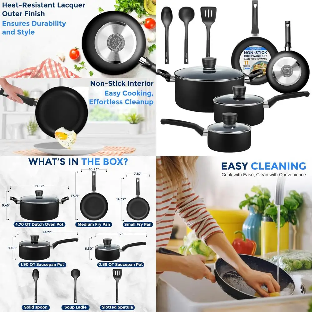 

11-Piece Non-Stick Black Cookware Set with Heat Resistant Exterior