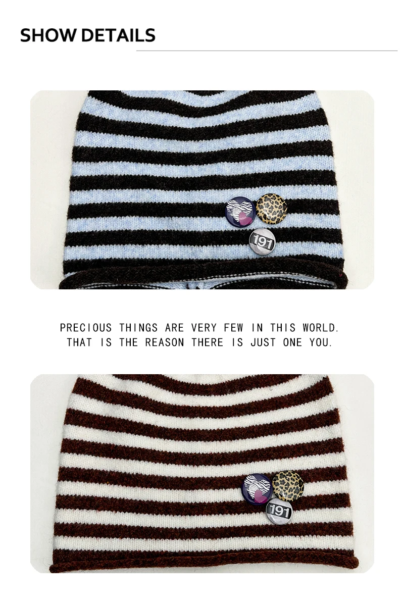 Neue Retro-Strickmützen für Damen und Herren im koreanischen Stil mit gestreiftem Abzeichen, locker geschnitten, warm, vielseitig, modisch, Farbblock-Design, für den Außenbereich – Detail 3