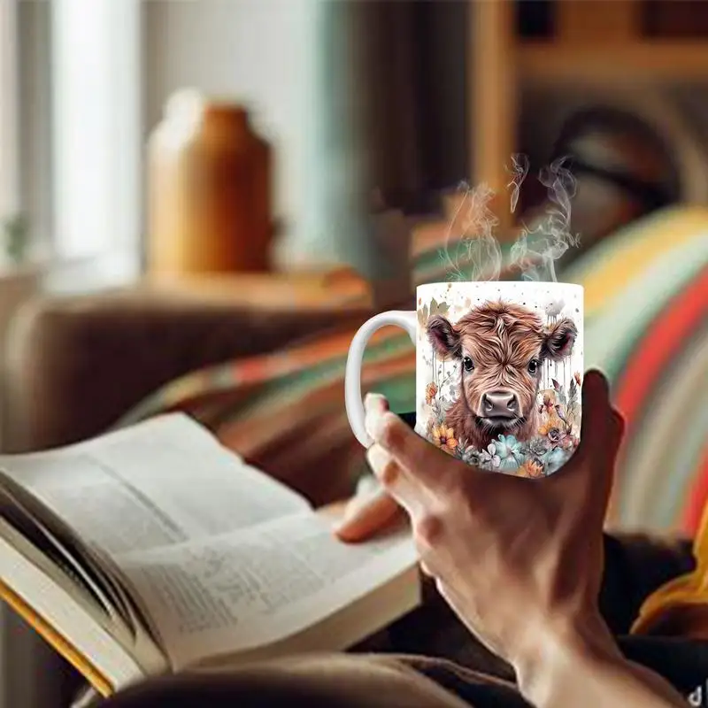 3D Animal Highland Cow Coffee Mug 350ml Ceramic Cow Flower Mug Coffee Mug Cow Print Cup Cow Themed Mugs For Coffee Tea drinks