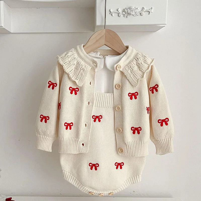 ZOETOPKID Autumn Winter Toddler Girl Knitting Clothes Suit Long Sleeved Embroidered Knitted Cardigan+Jumpsuit Baby Clothes Set 3