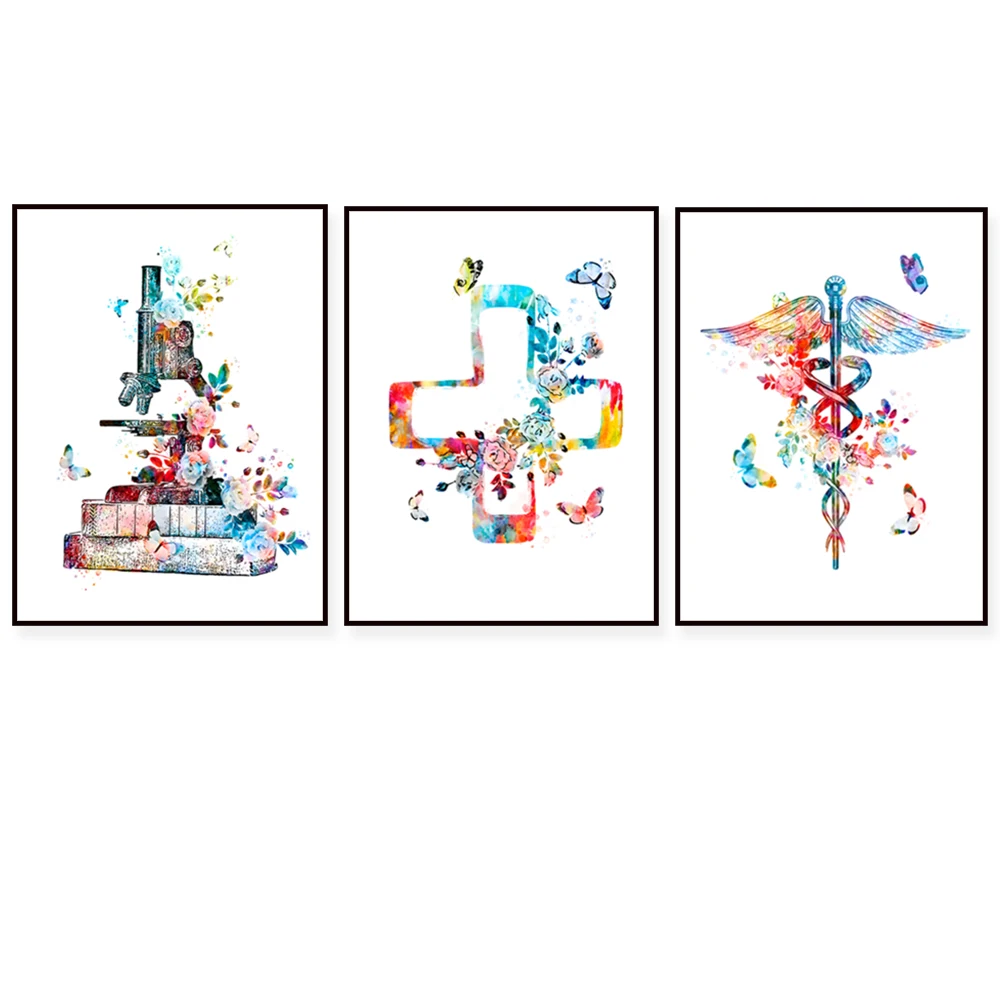 Watercolor medical poster, caduceus art, medical cross art stick, stethoscope, syringe art microscope art science art doctor gif