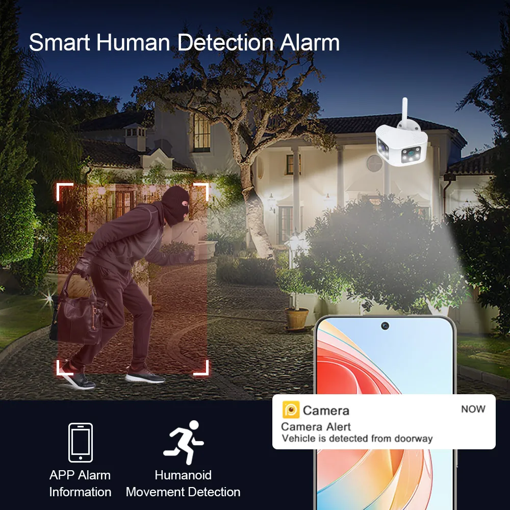 8MP 4K Dual Lens 180° Wide View Angle Panoramic Outdoor WIFI Camera Fixed AI Human Detection Night Vision CCTV Security IP Cam