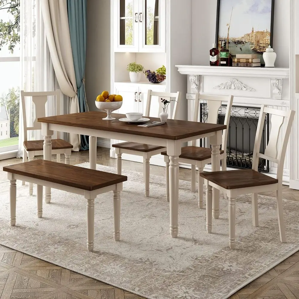 

6-Piece Dining Set: Traditional Wooden Table with 4 Chairs and Bench, Seating 6, Brown & Cottage White