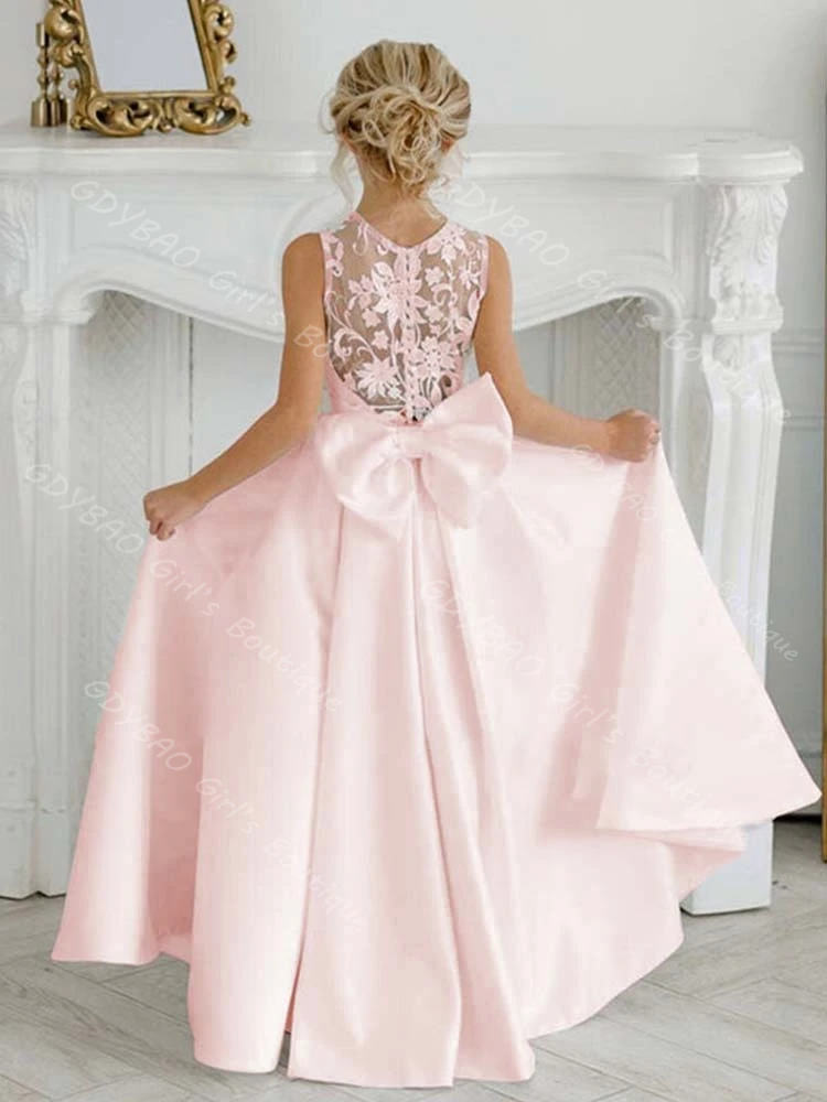 Vestidos brancos da menina de flor para o casamento a linha/princesa cetim primeira comunhão vestido com apliques personalizado vestido de festa de aniversário