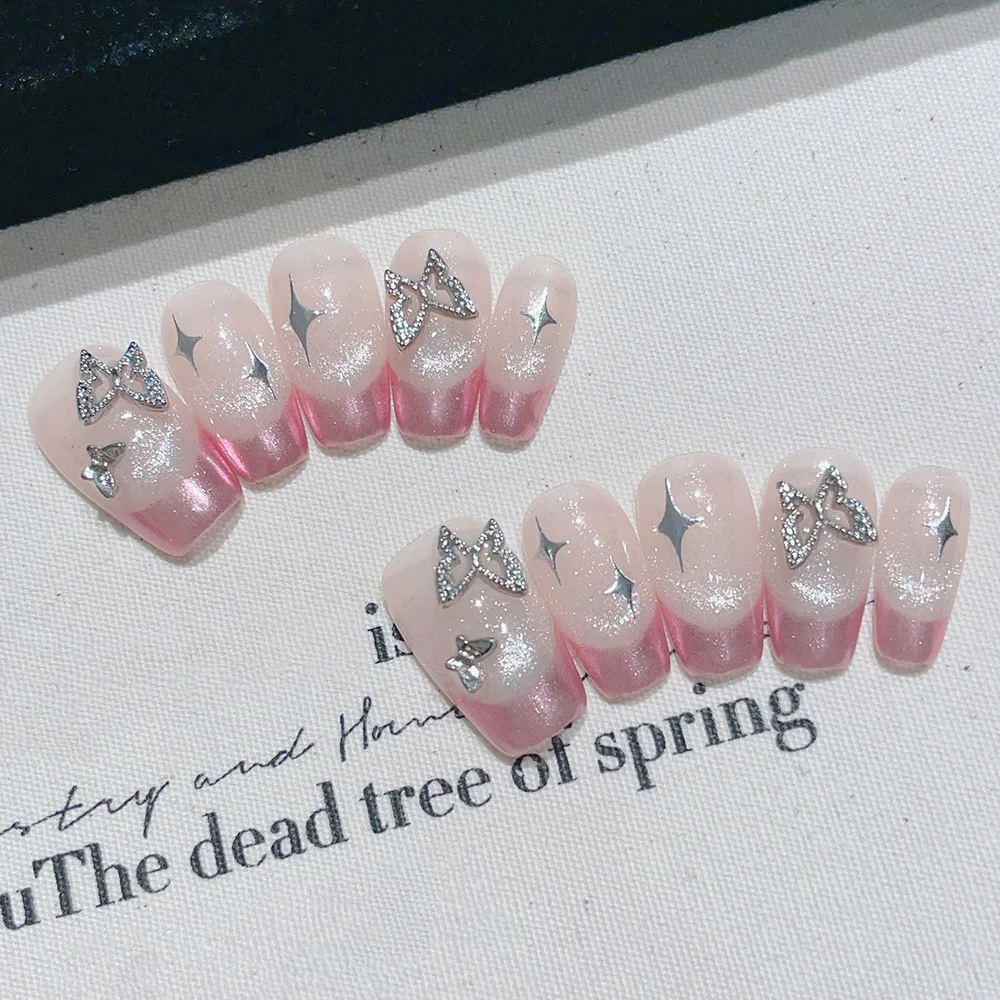 10pcs Short Trapezoid Handmade Press On Nails Kit, Pink Fake Nails, Gentle Romance Wearable Nail Art, Silver Butterfly, Stars