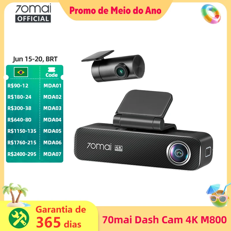 70mai Dash Cam 4K M800 2160P eMMC GPS ADAS integrado de 128 GB com suporte para proteção de estacionamento 24H compatível com 4G versão atualizada. de 70mai M500