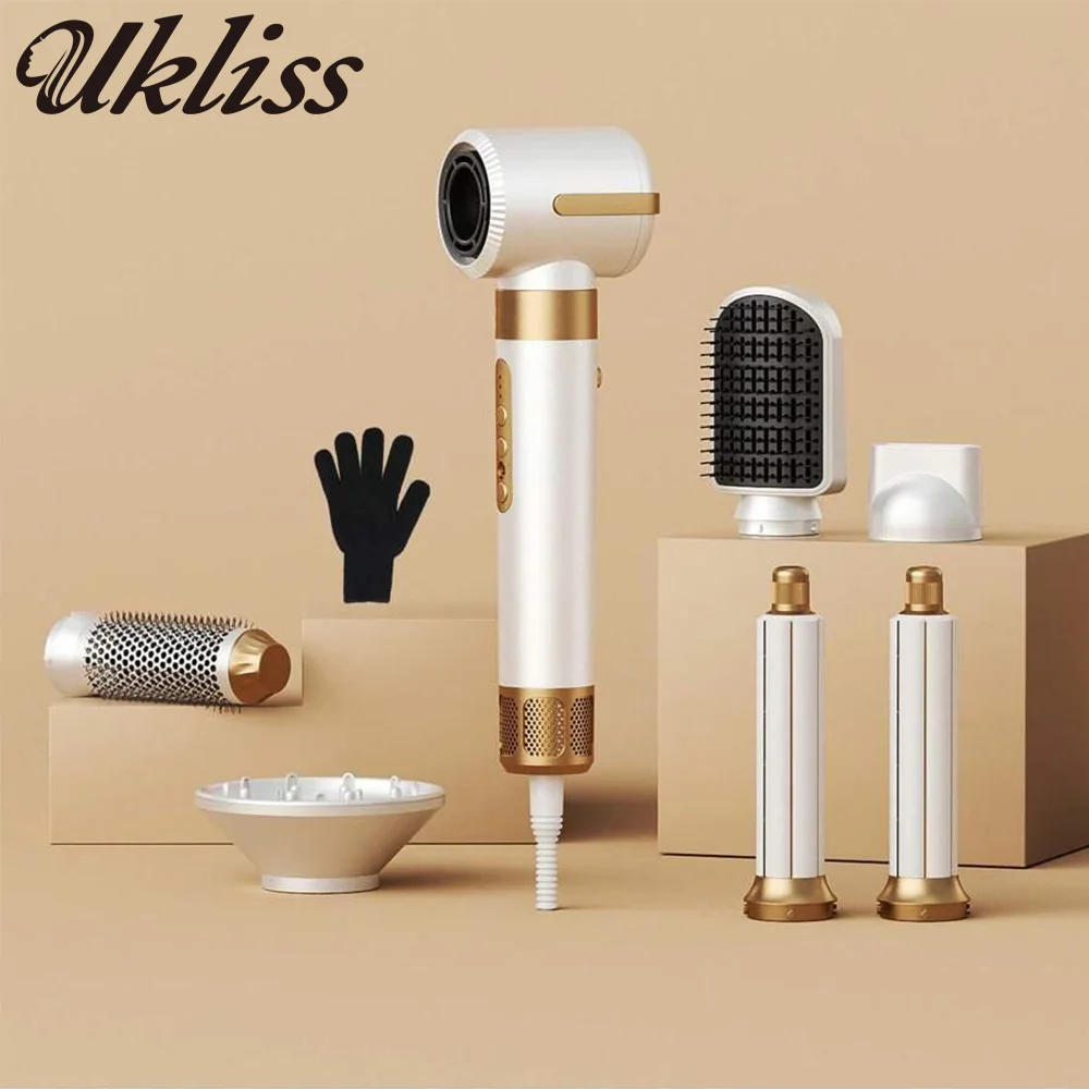 UKLISS 7 In 1 Hair Dryer Brush Brushless High Speed Hair Dryer with Diffuser Ionic Blow Dryer Hot Air Styling Comb Hair Curler
