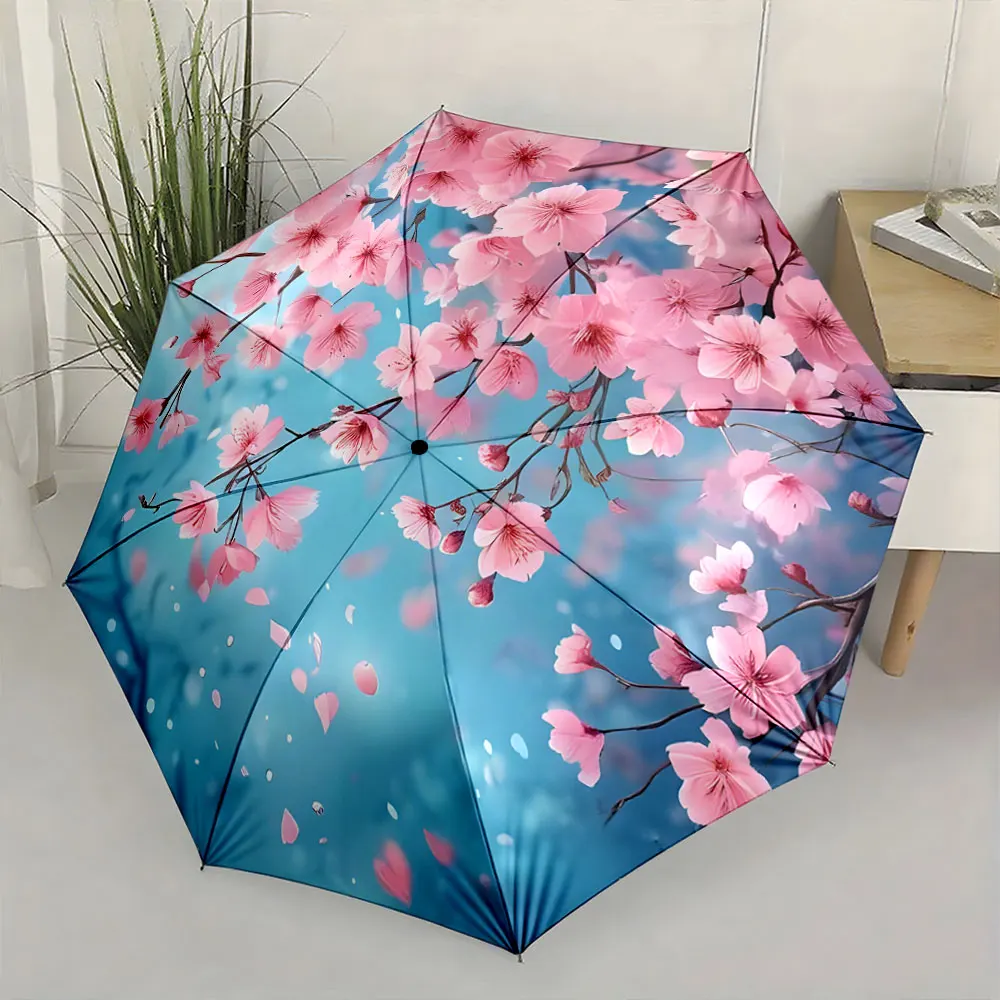 1PC Cherry Blossom Patterned Umbrella with Blue Background Print 8 Iron Ribs Folding Umbrella Auto-Open Fashion Sunshade
