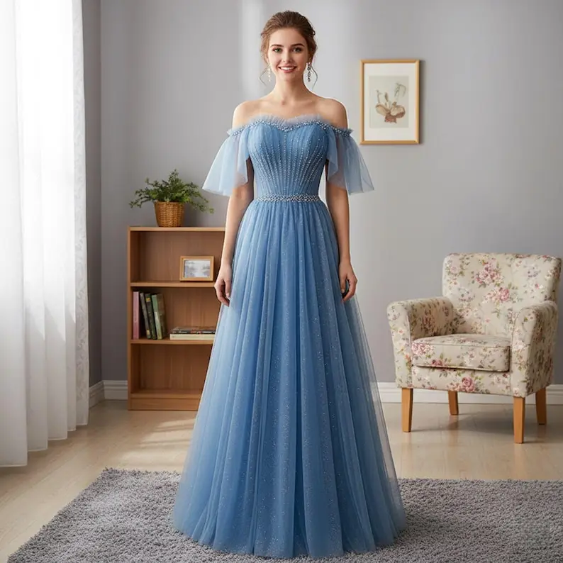 Blaues schulterfreies Ballkleid, Abendkleider, Cocktailkleid, Weihnachtskleider, formelles Ballkleid, Prinzessinnenkleid, Tüll-Ballkleider