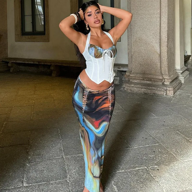 

2026 Summer New Style Blend Printed Personalized Pleated Top and Slim Fit Tied Rope Skirt Two-piece Set for Women