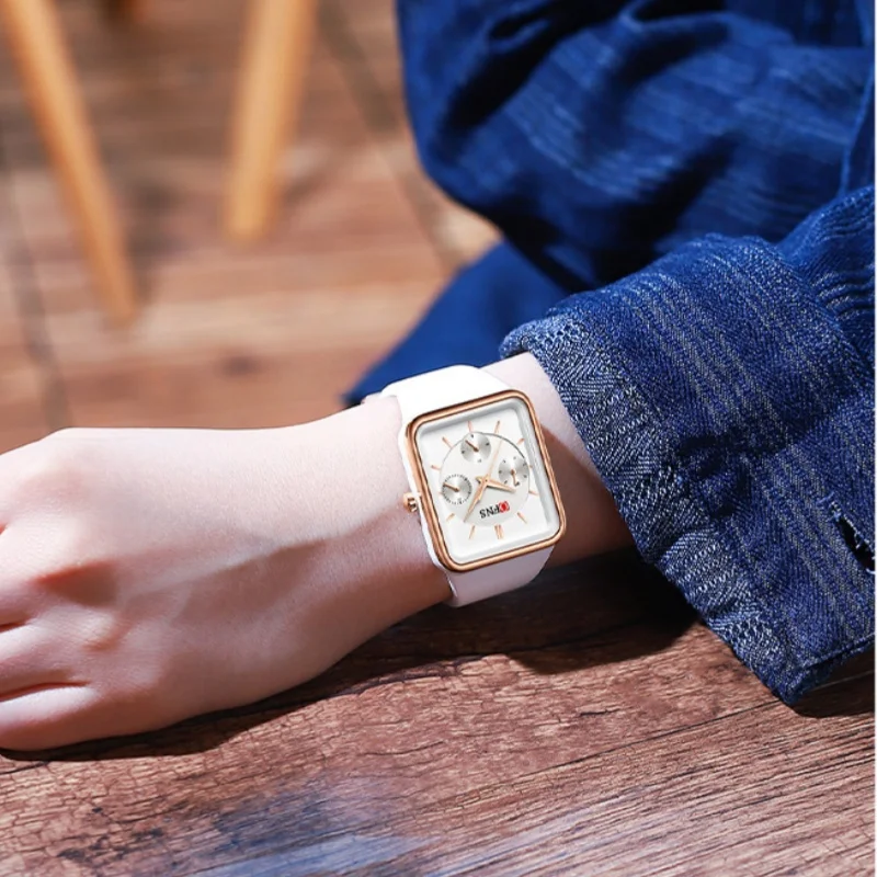 OFNS 여성용 8035 패션 쿼츠 시계, 심플 스퀘어 캘린더, 실리콘 방수, 우아한 손목시계 선물