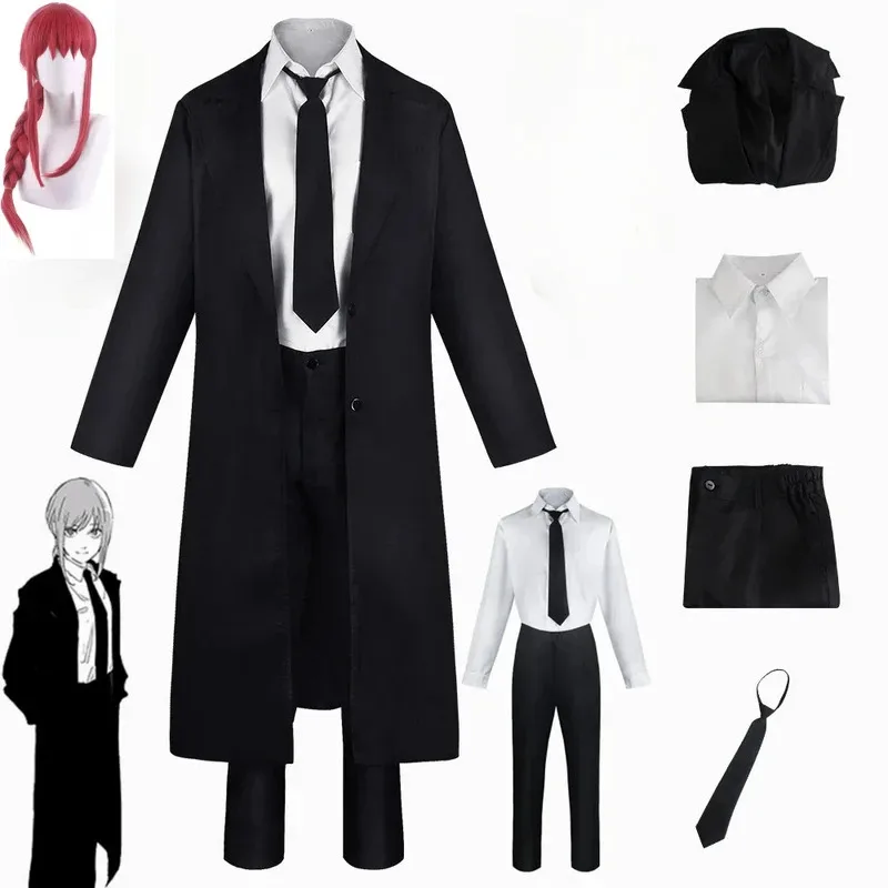 Disfraz de motosierra de Anime para hombre, disfraz de Makila, gabardina negra, corbata, pantalones, peluca Makila, trenza larga roja clara, uniformes de traje para hombres y mujeres