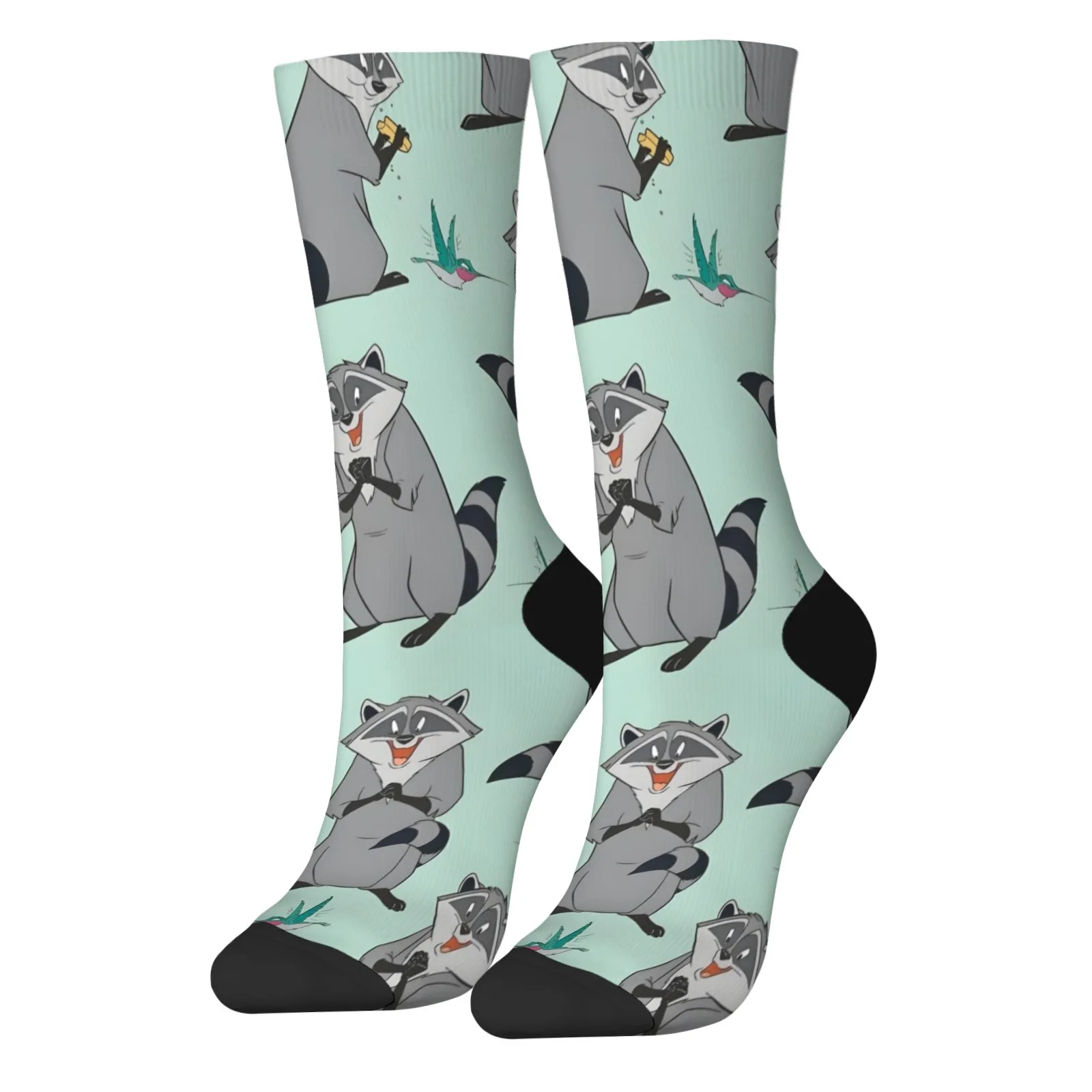 Novelty Disney Pocahontas Meeko Compression Socks Mint Green Natural Beauty Cute Raccoon and Hummingbird Print Nostalgic Gift