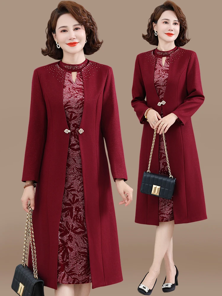 

October Wedding Dr Set Ele And Mommy Autumn Dr Korean Sle Long Sve Mid-Length Polyester Fiber for Women ...