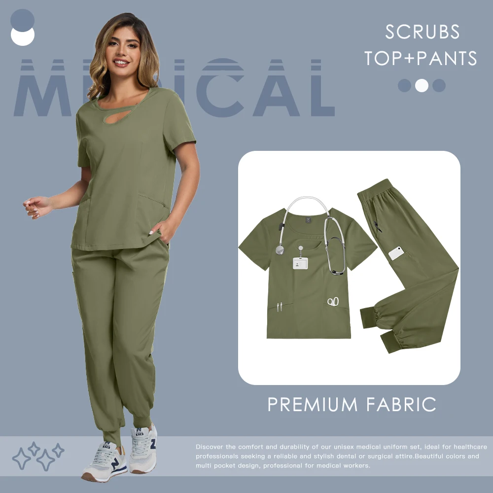 새로운 여성의 아름다움 옷 의료 간호사 유니폼 짧은 소매 임상 정장 의사 블라우스 조깅 바지 2pcs 탄성 간호 세트