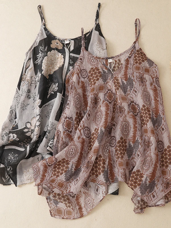 Retro Digital Artistic Cotton Linen Asymmetrical Strap Women's Vest Brand Summer New Arrival Casual Outerwear by Meimei