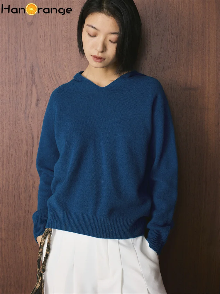 

HanOrange 2025 Winter Simple Lazy V-neck Knitted 100% Wool Hooded Sweater Women Silhouette Loose Top Red/Milky White/Sea Blue