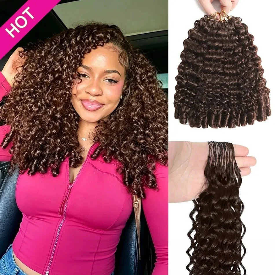 Burmese Curly Chocolate Brown Crochet Human Hair Extensions Pre-Separated Knotless Boho Braids Hair #4 Brown Water Wave Feather Crochet Hair Bundles