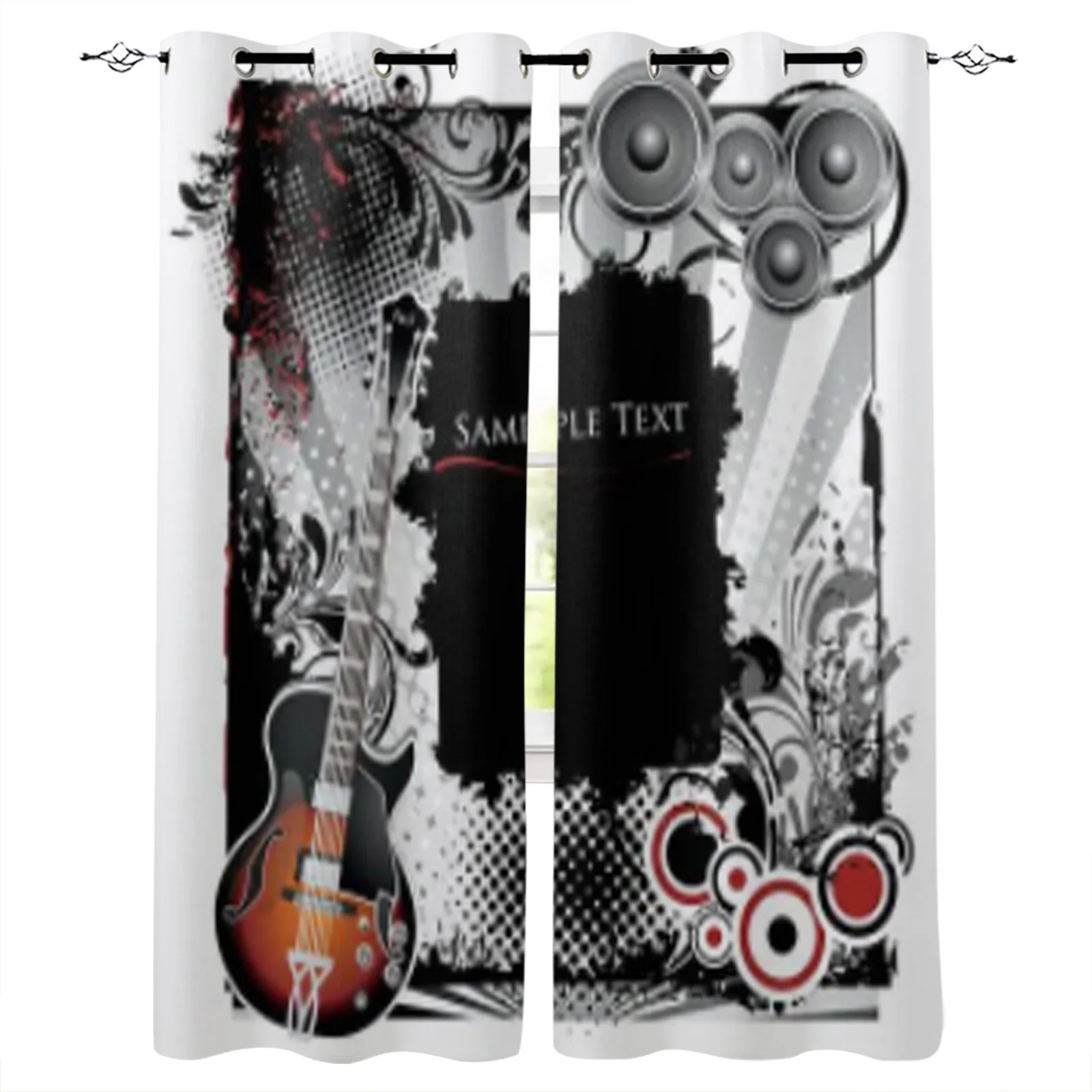 

Audio Equipment Guitar Rock Black Print Kitchen Curtain Window Treatment Living Room Office Decor Drape for Kid's Home Bedroom