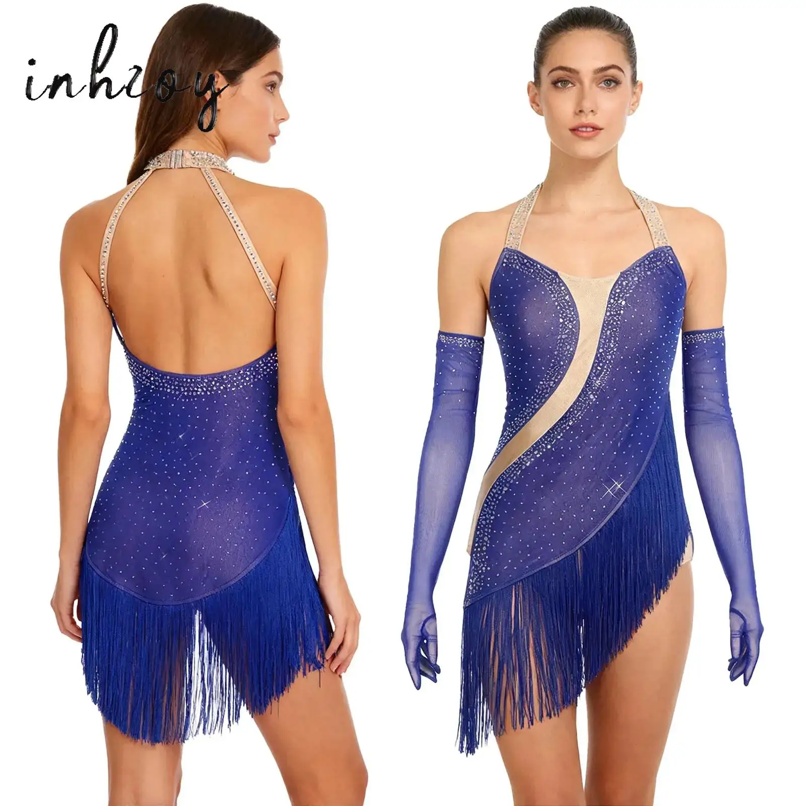 

Womens Tassel Figure Skating Latin Dance Leotard Dress Rhinestone Fringed Bodysuit with Gloves Tango Cha-cha Samba Rumba Outfits